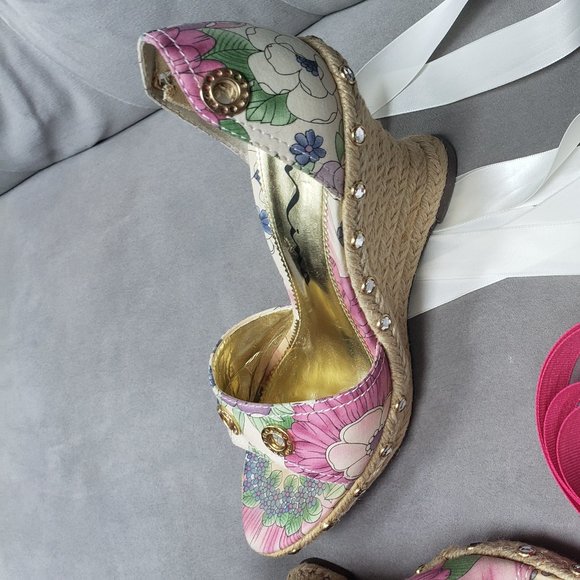 Nina Devin Floral Ribbon Tie Espadrille Wedges  Size 6 - Picture 4 of 10